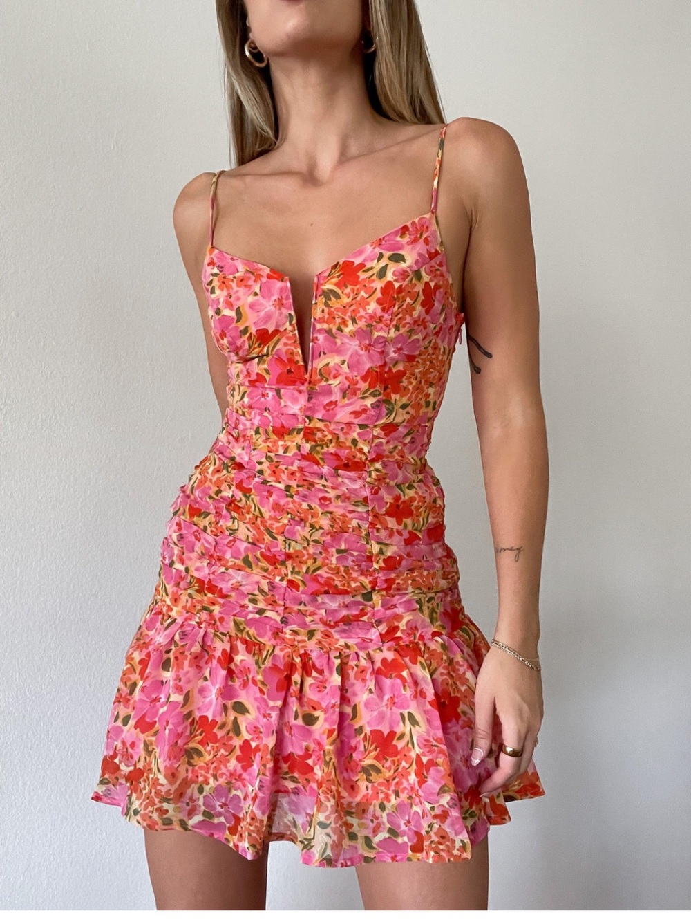 Astr Pink & Coral Floral Spaghetti Strap Mini Dress